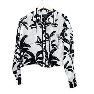 Tahari Black White Floral 100% Linen Long Sleeve Blouse Sz XL